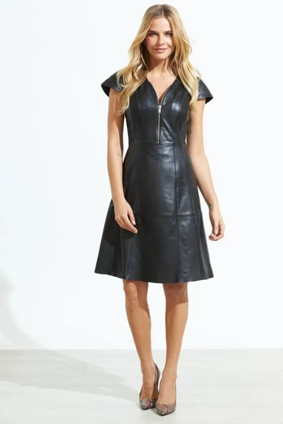 Sosandar Black Luxury Leather Zip Front V Neck Dress Black Women Dresses