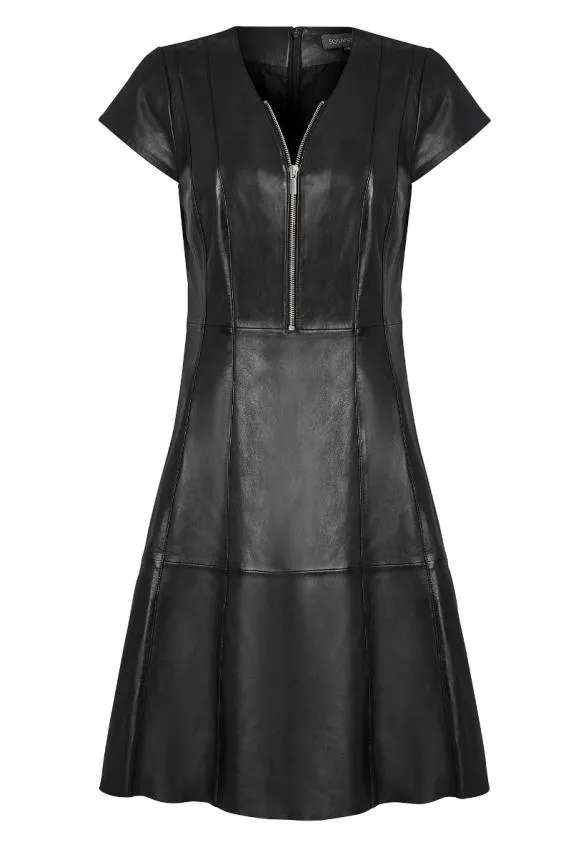 Sosandar Black Luxury Leather Zip Front V Neck Dress Black Women Dresses