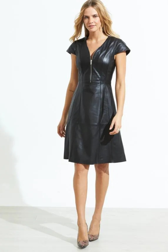 Sosandar Black Luxury Leather Zip Front V Neck Dress Black Women Dresses