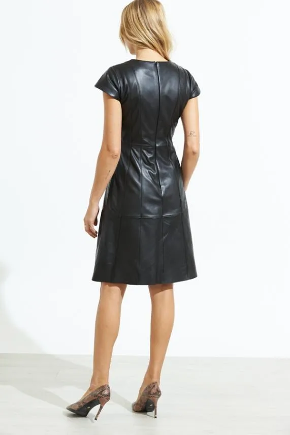 Sosandar Black Luxury Leather Zip Front V Neck Dress Black Women Dresses