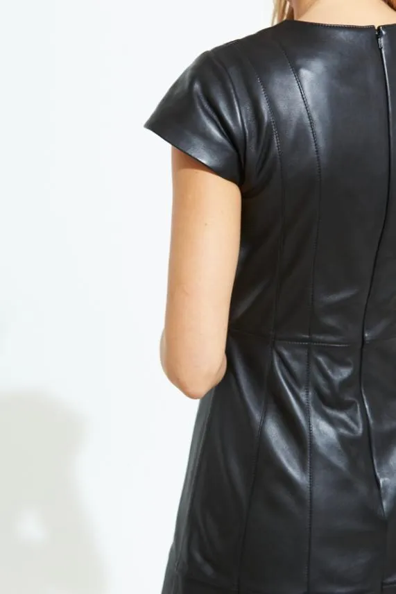 Sosandar Black Luxury Leather Zip Front V Neck Dress Black Women Dresses