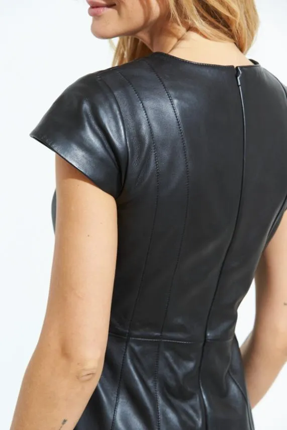 Sosandar Black Luxury Leather Zip Front V Neck Dress Black Women Dresses