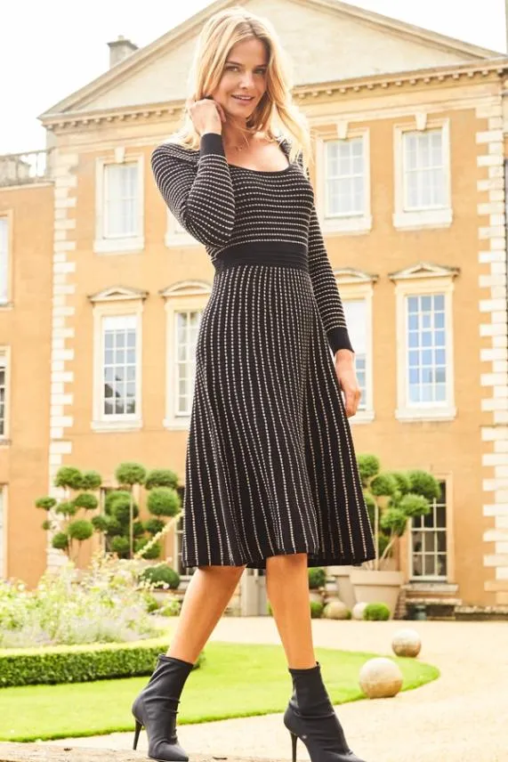Sosandar Black Metallic Stripe Fit and Flare Knitted Dress Black Women Knitwear Sosandar Black Metallic Stripe Fit and Flare Knitted Dress Black Women Knitwear