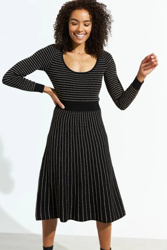 Sosandar Black Metallic Stripe Fit and Flare Knitted Dress Black Women Knitwear
