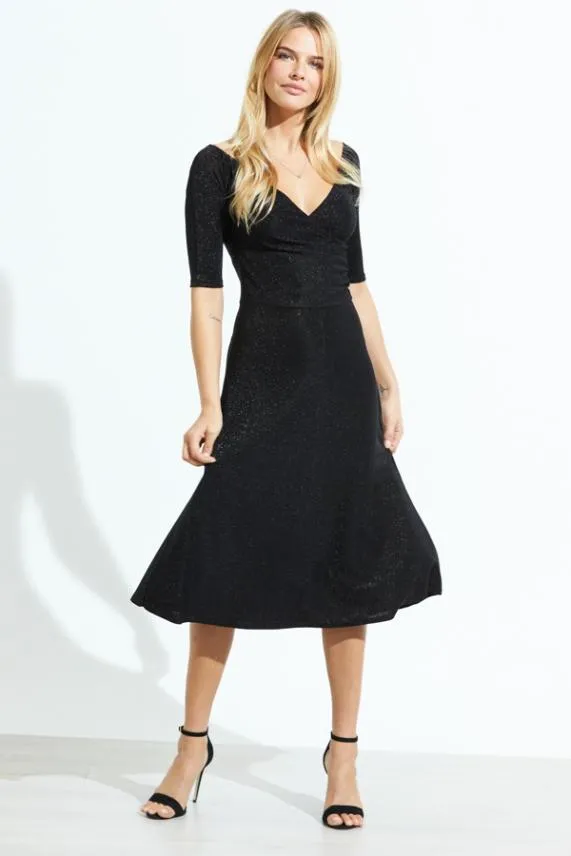 Sosandar Black Metallic Wrap Front Midi Dress Black Women Dresses