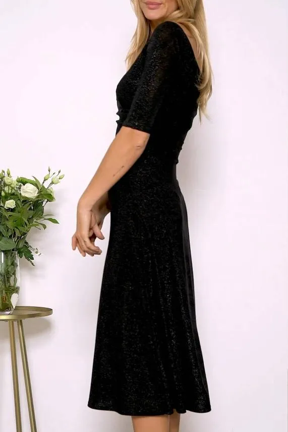 Sosandar Black Metallic Wrap Front Midi Dress Black Women Dresses