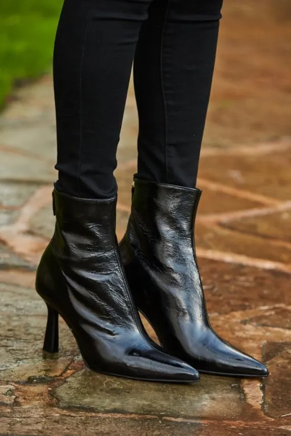 Sosandar Black Patent Leather Shaped Heel Ankle Boot Black Women Boots