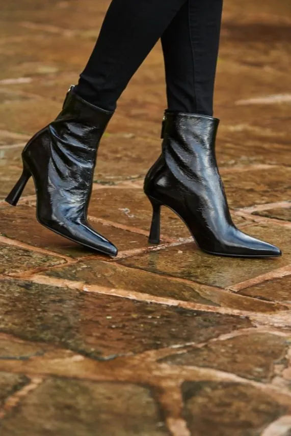 Sosandar Black Patent Leather Shaped Heel Ankle Boot Black Women Boots