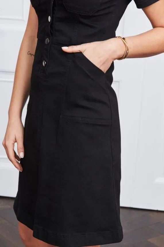 Sosandar Black Popper Front Short Sleeve Stretch Denim Dress Black Women Dresses