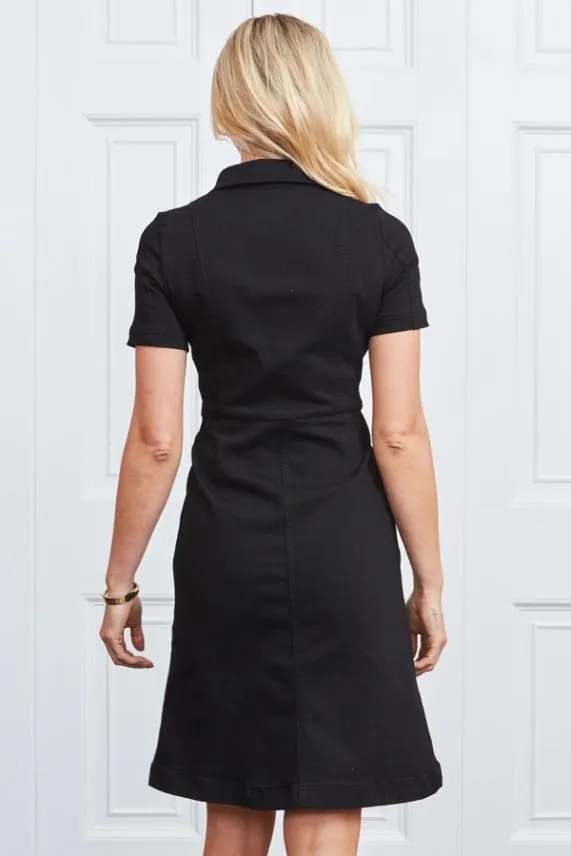 Sosandar Black Popper Front Short Sleeve Stretch Denim Dress Black Women Dresses
