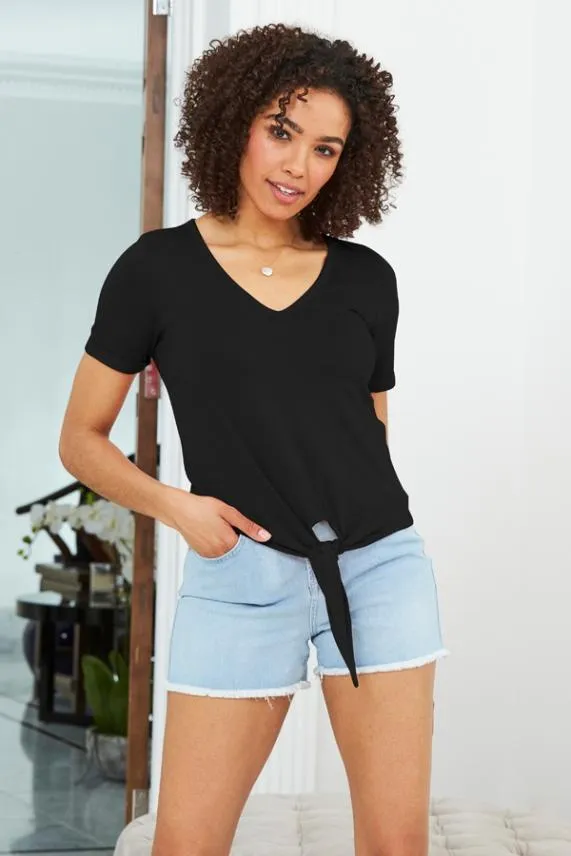 Sosandar Black Premium Jersey Tie Front T Shirt Black Women Tops