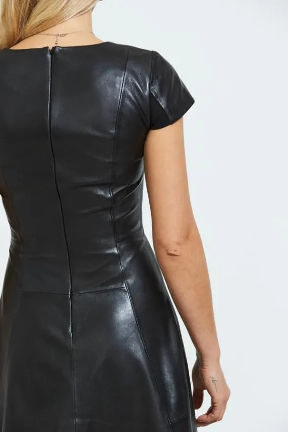 Sosandar Black Premium Leather Square Neck Dress Black Women Dresses