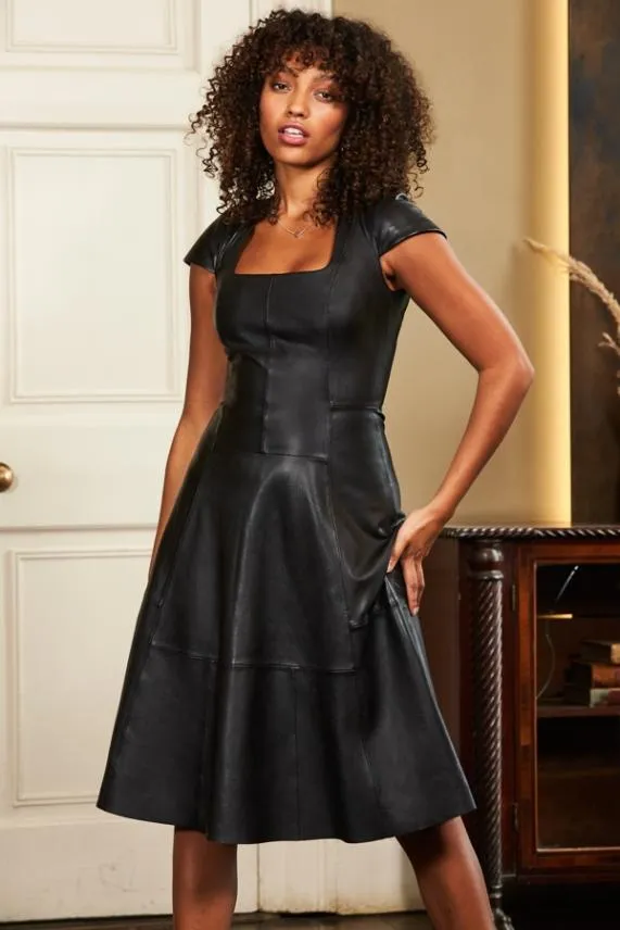 Sosandar Black Premium Leather Square Neck Dress Black Women Dresses