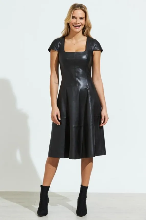 Sosandar Black Premium Leather Square Neck Dress Black Women Dresses