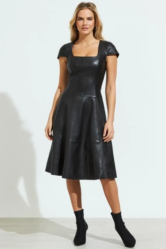 Sosandar Black Premium Leather Square Neck Dress Black Women Dresses