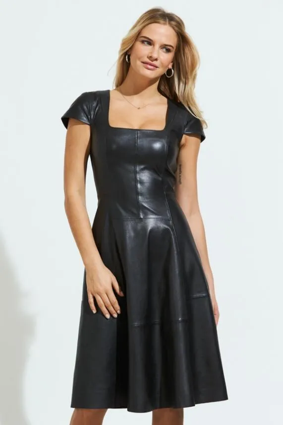 Sosandar Black Premium Leather Square Neck Dress Black Women Dresses