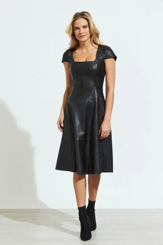 Sosandar Black Premium Leather Square Neck Dress Black Women Dresses
