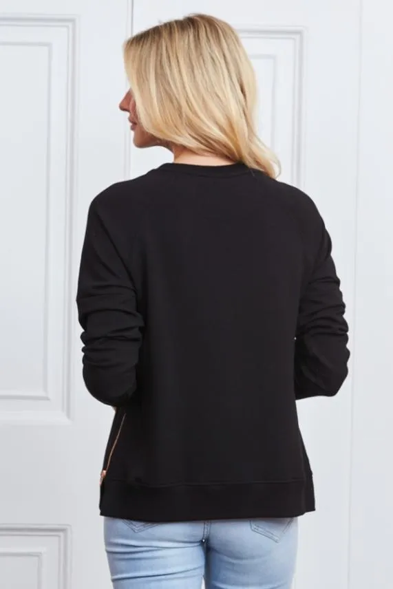 Sosandar Black Premium Sweatshirt With Rose Gold Side Zips Black Women Loungewear