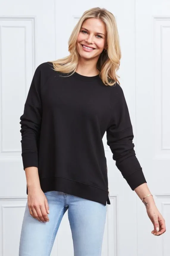 Sosandar Black Premium Sweatshirt With Rose Gold Side Zips Black Women Loungewear