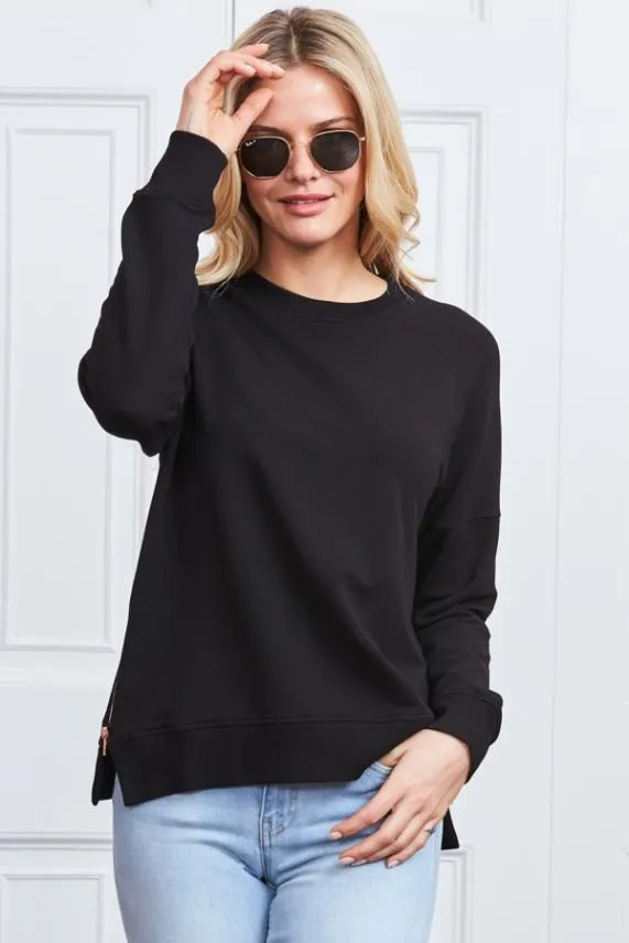Sosandar Black Premium Sweatshirt With Rose Gold Side Zips Black Women Loungewear