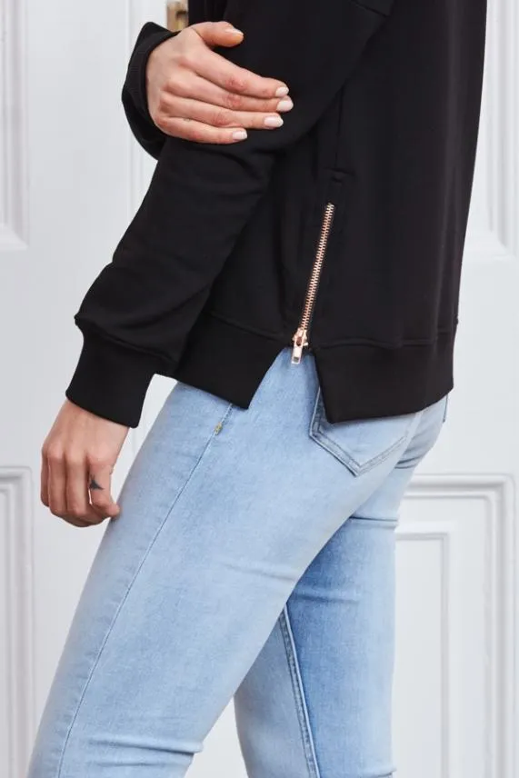 Sosandar Black Premium Sweatshirt With Rose Gold Side Zips Black Women Loungewear
