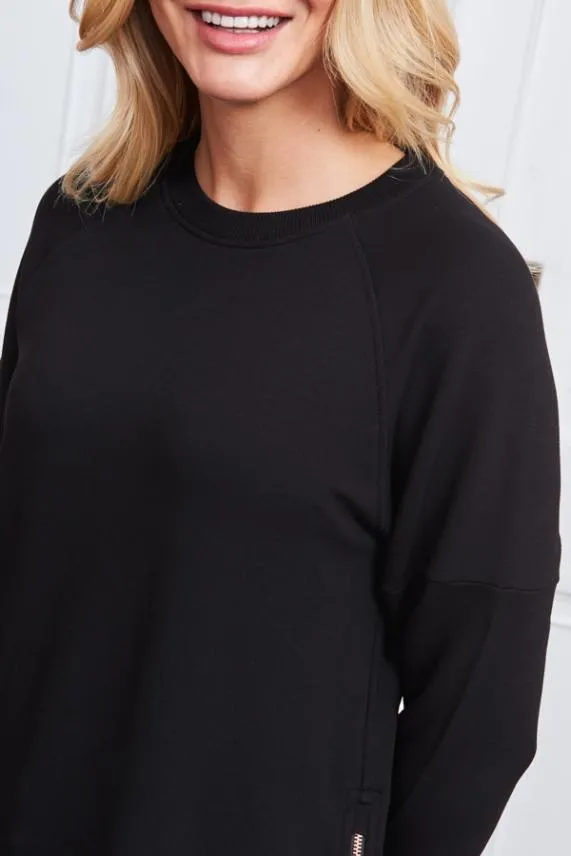 Sosandar Black Premium Sweatshirt With Rose Gold Side Zips Black Women Loungewear