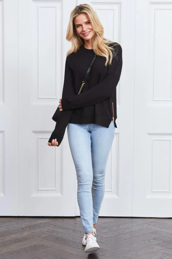 Sosandar Black Premium Sweatshirt With Rose Gold Side Zips Black Women Loungewear