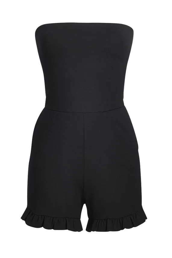 Sosandar Black Ruffle Hem Jersey Playsuit With Pockets Black Women Jumpsuits and Playsuits