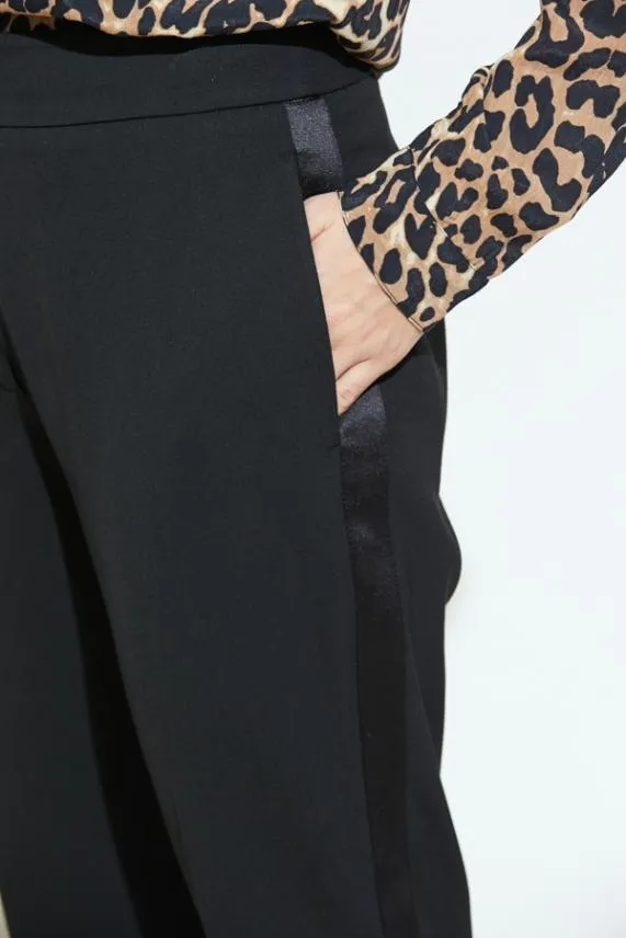 Sosandar Black Satin Leg Detail Tuxedo Trousers Black Women Trousers and Leggings