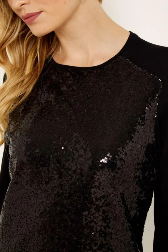 Sosandar Black Sequin Front Jersey Shift Dress Black Women Dresses