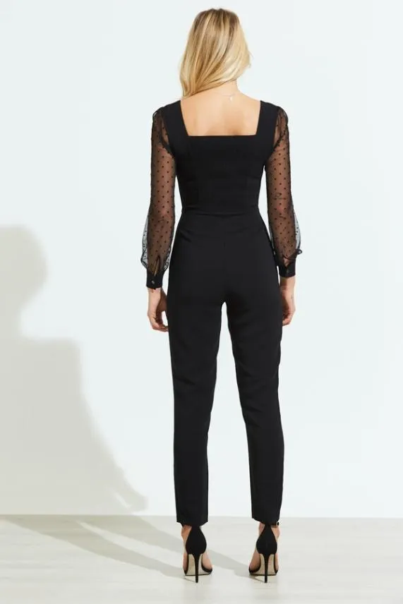 Sosandar Black Spot Print Mesh Long Sleeve Jumpsuit Black Women Jumpsuits and Playsuits