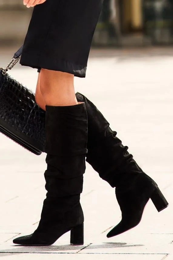 Sosandar Black Suede Pull On Knee High Boot Black Women Boots
