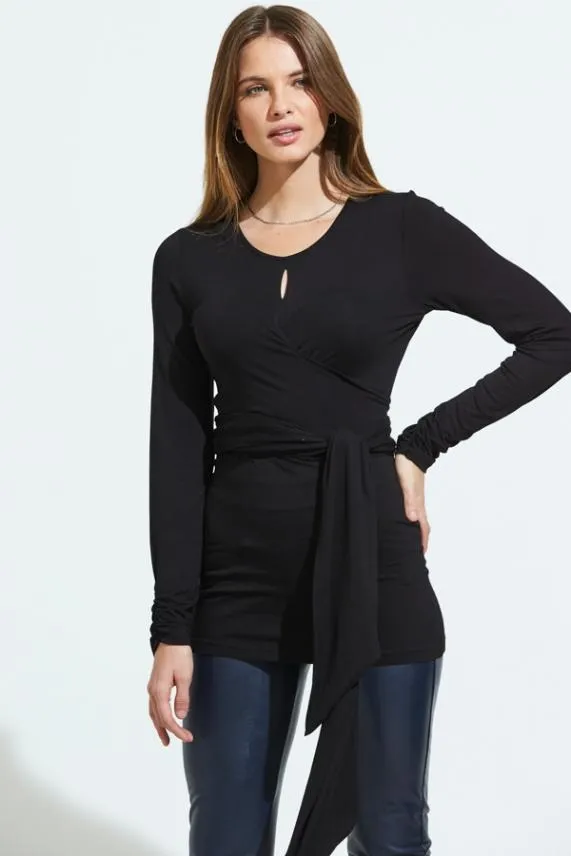 Sosandar Black Wrap Tie Jersey Top Black Women Tops