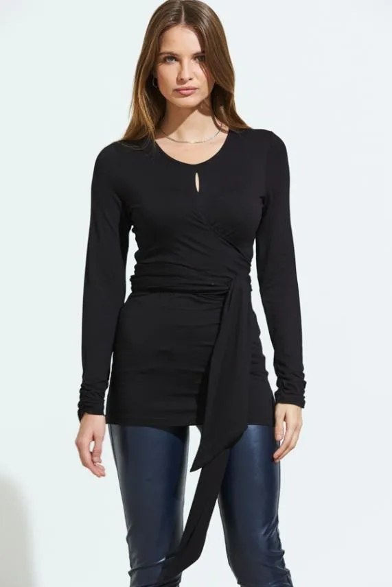 Sosandar Black Wrap Tie Jersey Top Black Women Tops