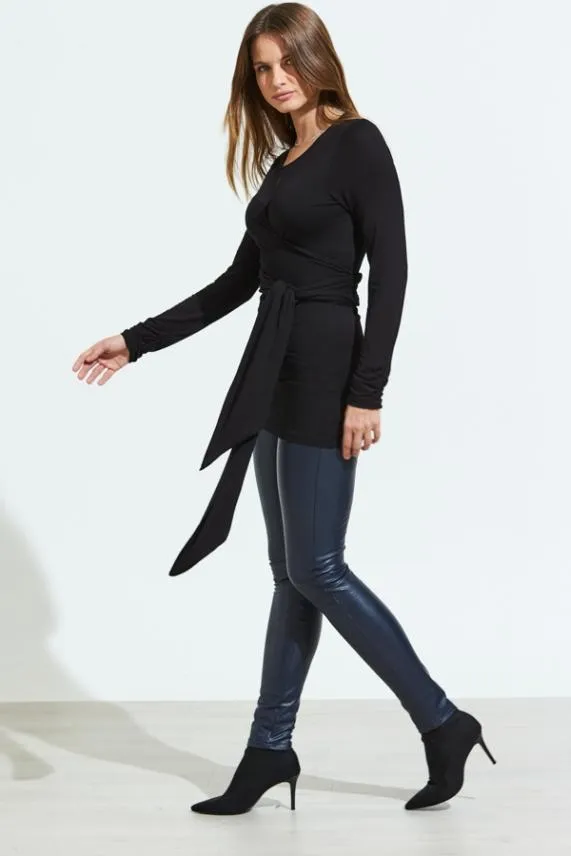 Sosandar Black Wrap Tie Jersey Top Black Women Tops