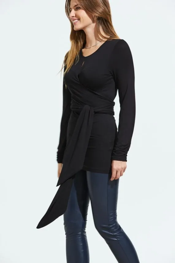 Sosandar Black Wrap Tie Jersey Top Black Women Tops