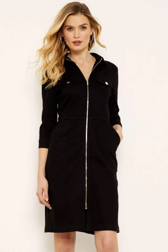 Sosandar Black Zip Front Denim Dress With Pockets Black Women Dresses