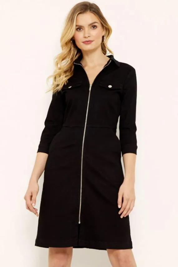 Sosandar Black Zip Front Denim Dress With Pockets Black Women Dresses