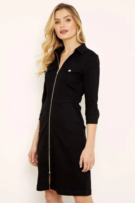 Sosandar Black Zip Front Denim Dress With Pockets Black Women Dresses