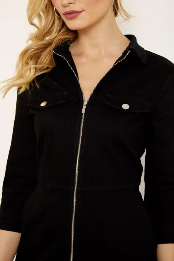 Sosandar Black Zip Front Denim Dress With Pockets Black Women Dresses