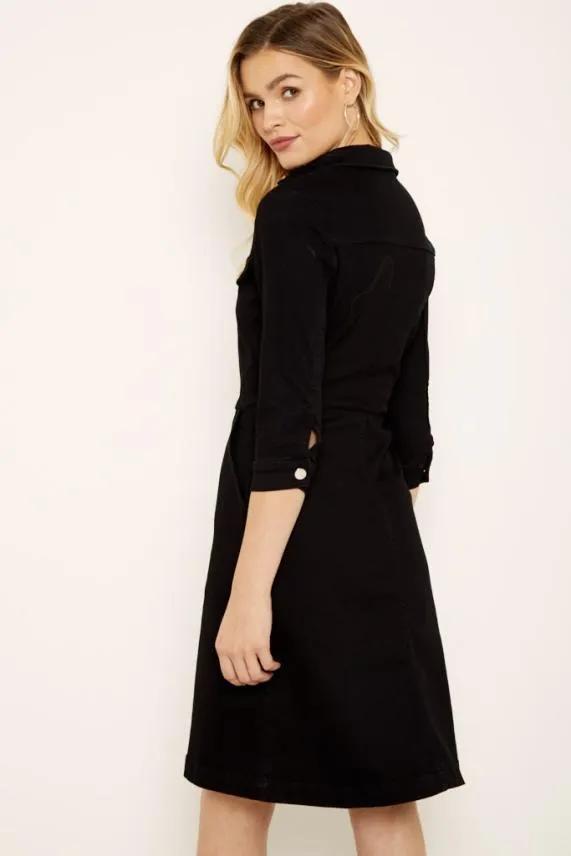 Sosandar Black Zip Front Denim Dress With Pockets Black Women Dresses