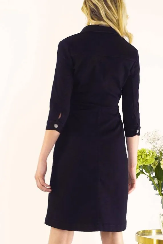Sosandar Black Zip Front Denim Dress With Pockets Black Women Dresses