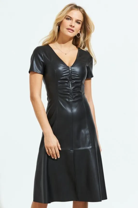 Sosandar Black Zip Front Ruched Detail Faux Leather Dress Black Women Dresses