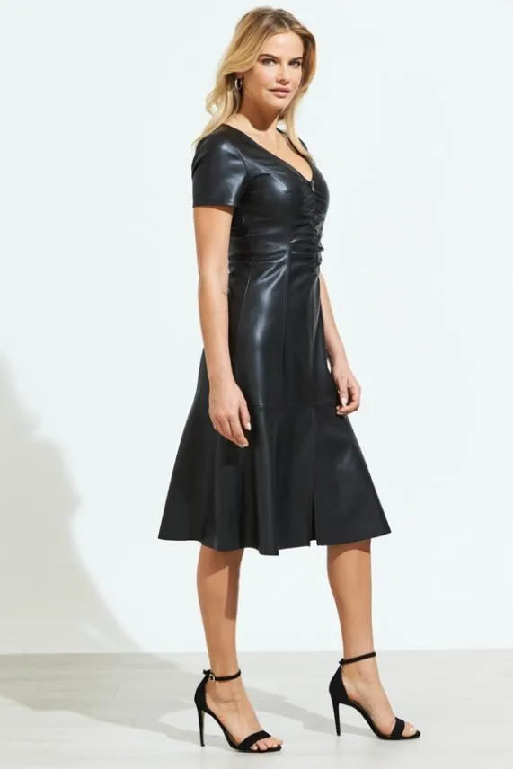 Sosandar Black Zip Front Ruched Detail Faux Leather Dress Black Women Dresses