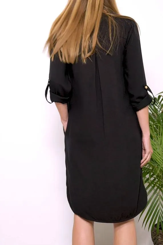 Sosandar Black Zip Neck Shift Dress Black Women Dresses