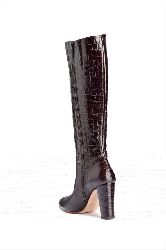 Sosandar Blake Chocolate Brown Croc Leather Knee High Boot Chocolate Brown Women Boots