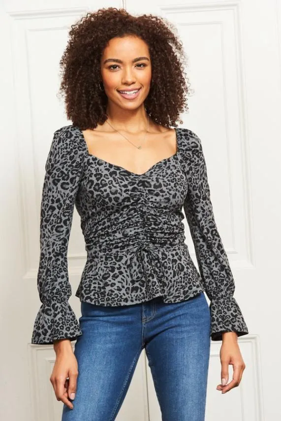 Sosandar Blue and Black Animal Print Ruched Front Jersey Top Blue Black Women Tops Sosandar Blue and Black Animal Print Ruched Front Jersey Top Blue Black Women Tops