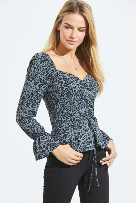 Sosandar Blue and Black Animal Print Ruched Front Jersey Top Blue Black Women Tops