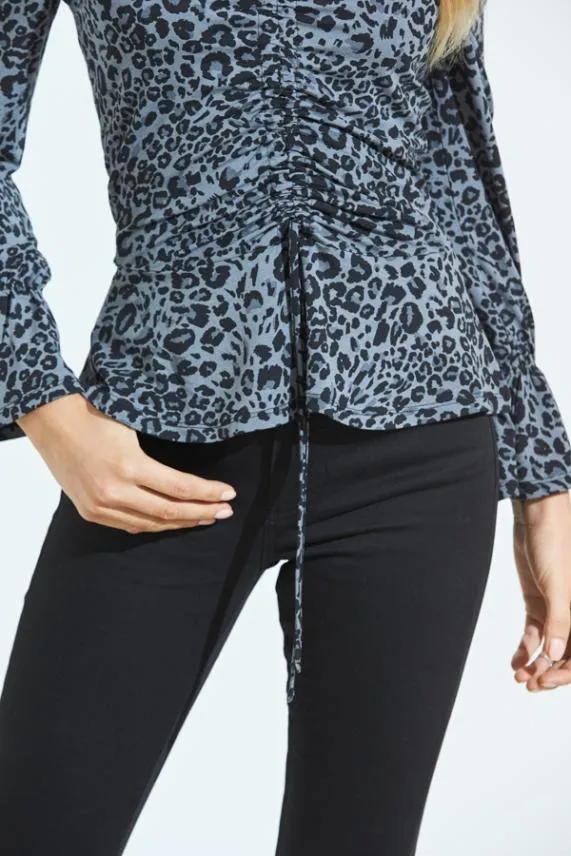 Sosandar Blue and Black Animal Print Ruched Front Jersey Top Blue Black Women Tops