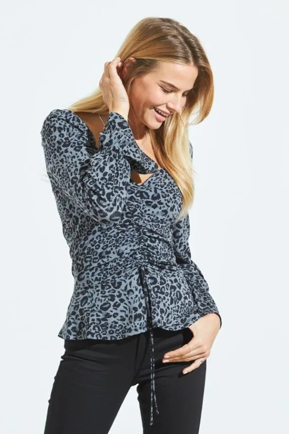 Sosandar Blue and Black Animal Print Ruched Front Jersey Top Blue Black Women Tops